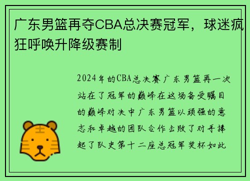 广东男篮再夺CBA总决赛冠军，球迷疯狂呼唤升降级赛制